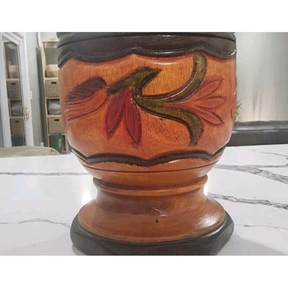 Vintage‎ Wood Hand Turned Carved Floral Three Tone Mortar and Pestle LARGE